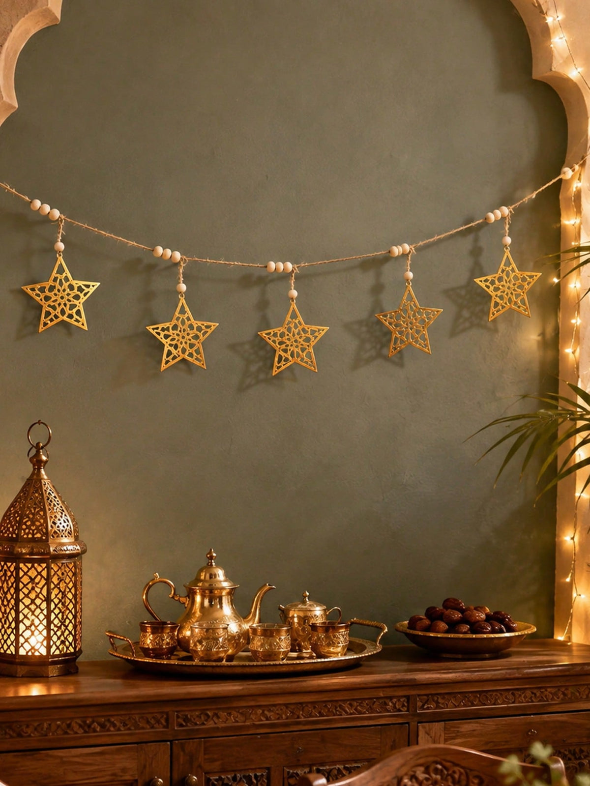 gold cutout star garland styled in a room, photo 3