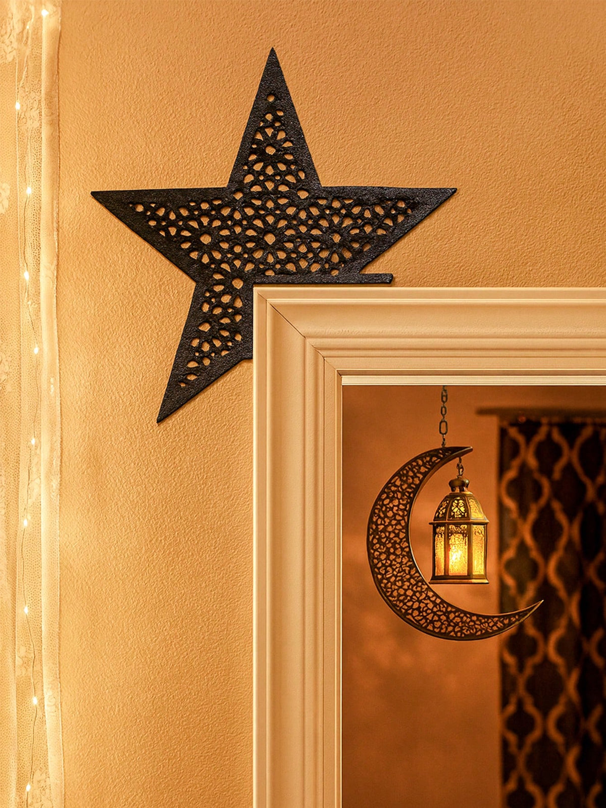 filigree crescent and star door corner decor styled in a room, photo 3