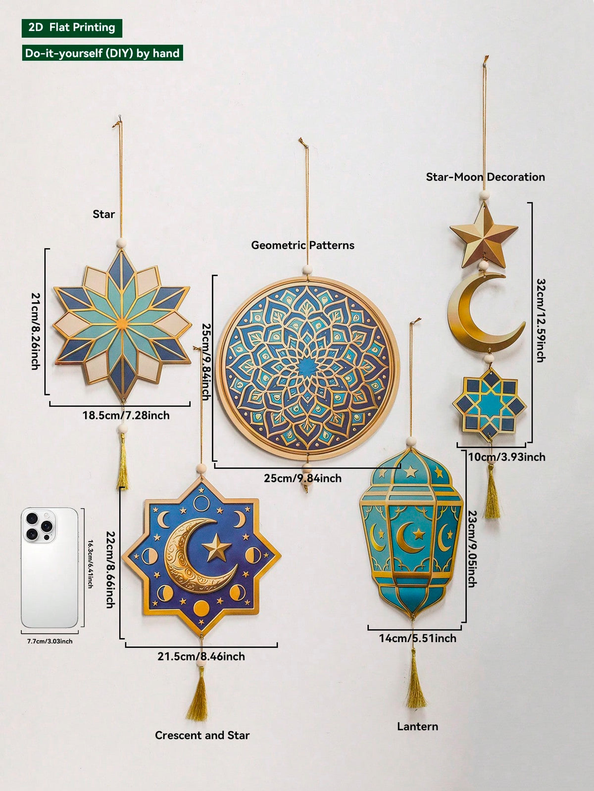 geometric star and crescent hanging ornaments size and details, photo 10