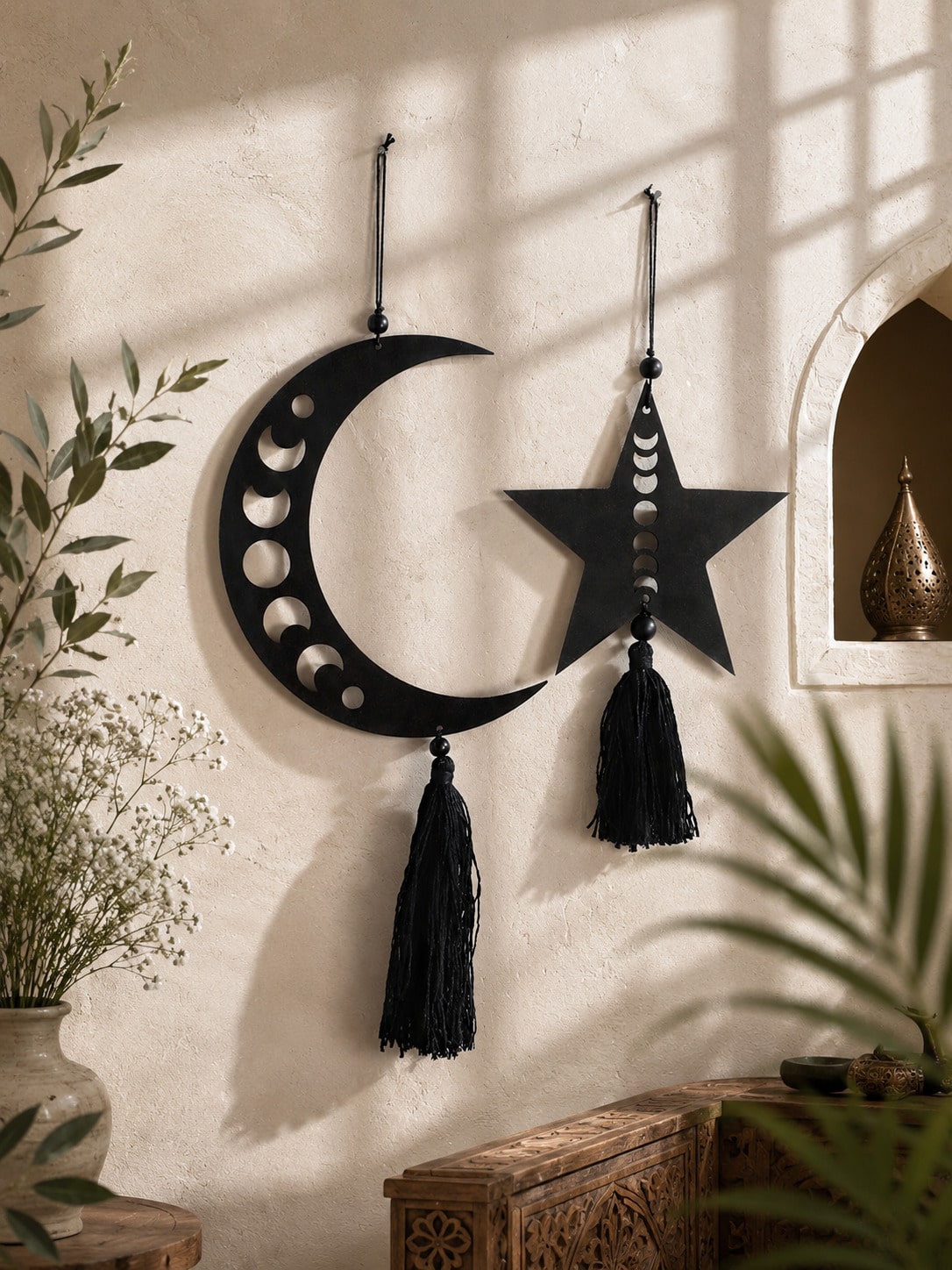 moon phase crescent and star tassel hanging styled in a room, photo 3
