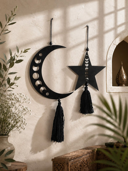 moon phase crescent and star tassel hanging styled in a room, photo 3