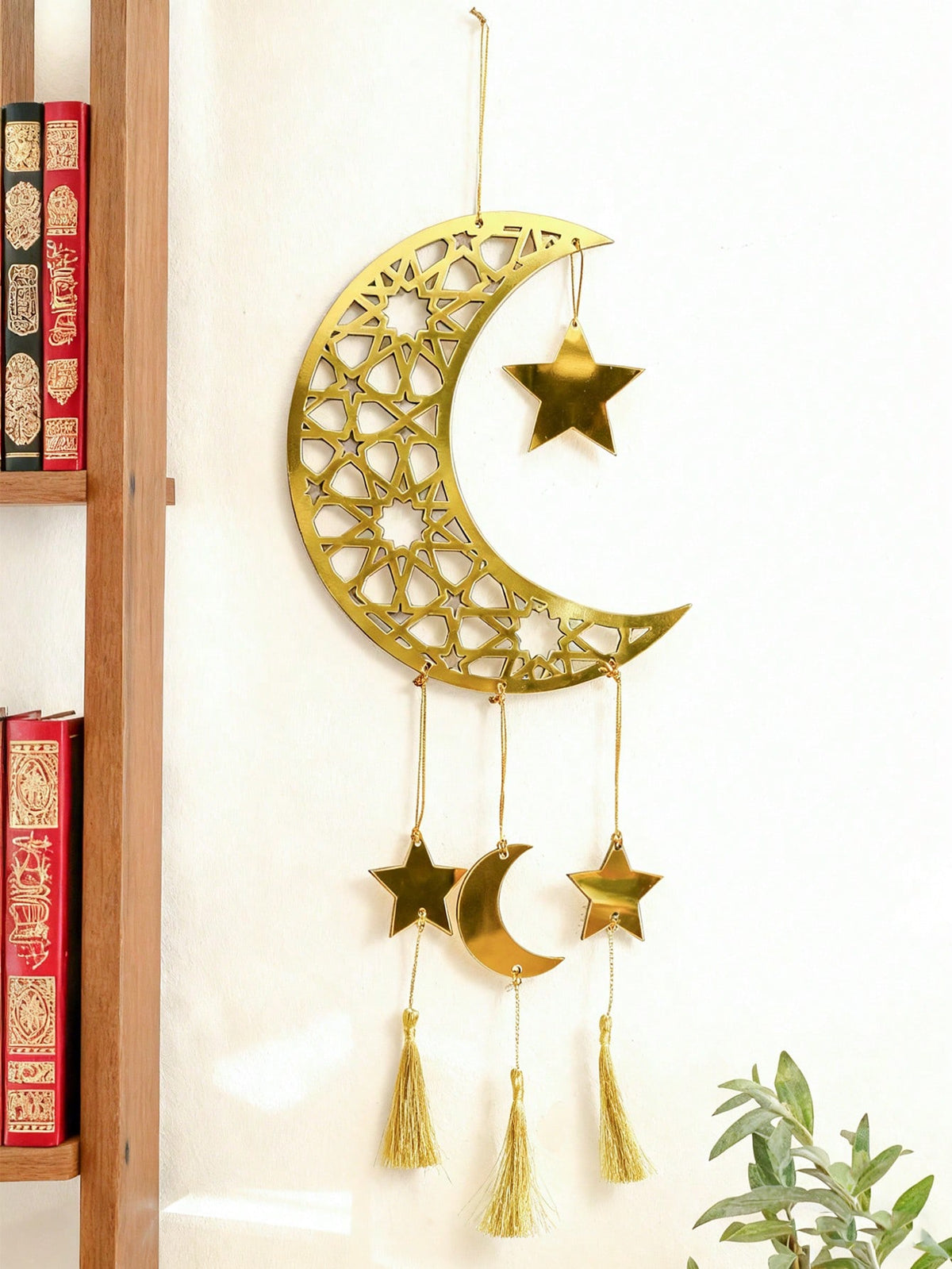 crescent moon star wall hanging with tassels styled in a room, photo 3