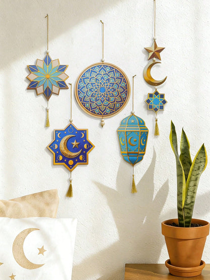 geometric star and crescent hanging ornaments styled in a room, photo 3