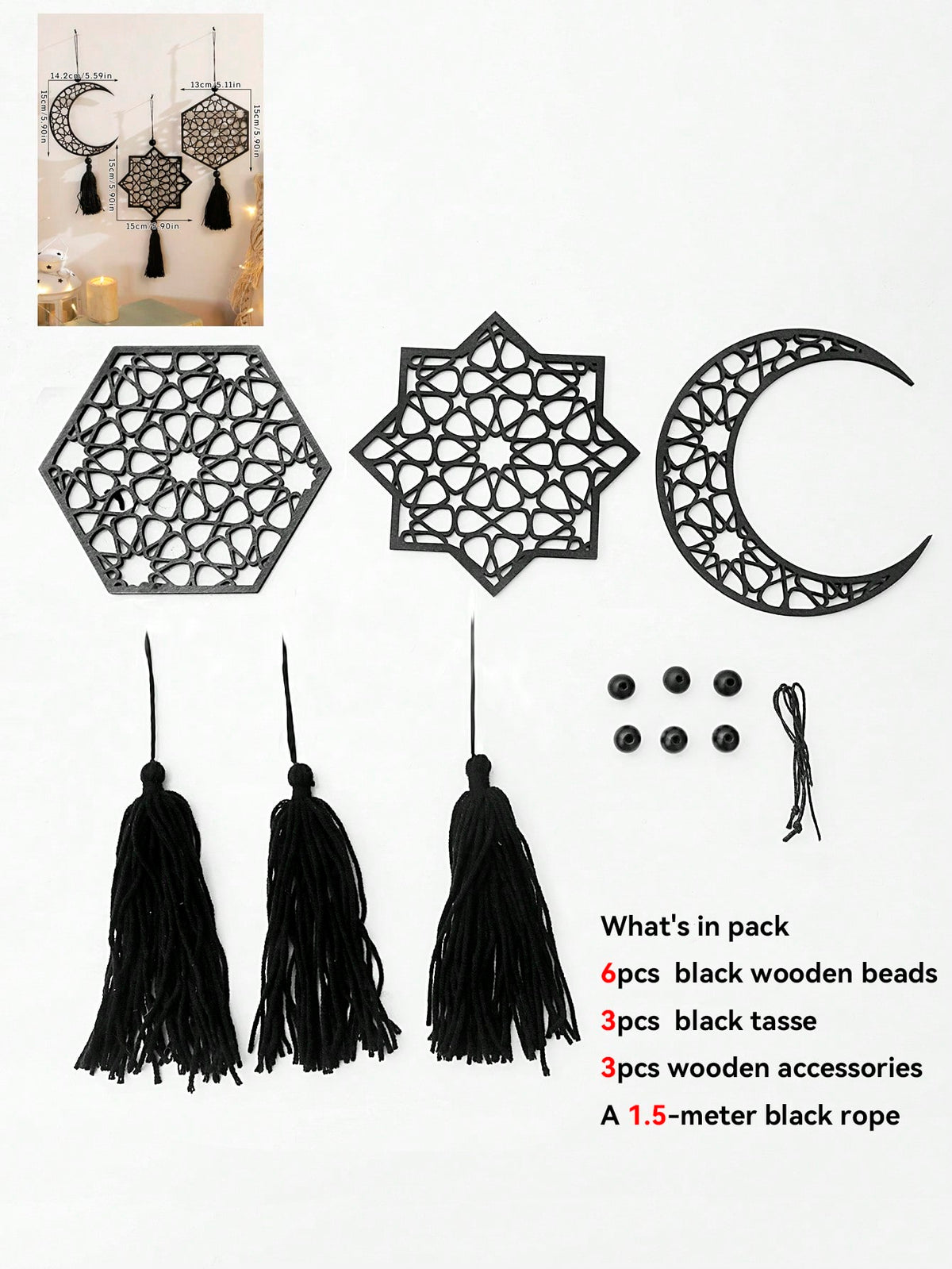 crescent moon and geometric star tassel hanging size and details, photo 20