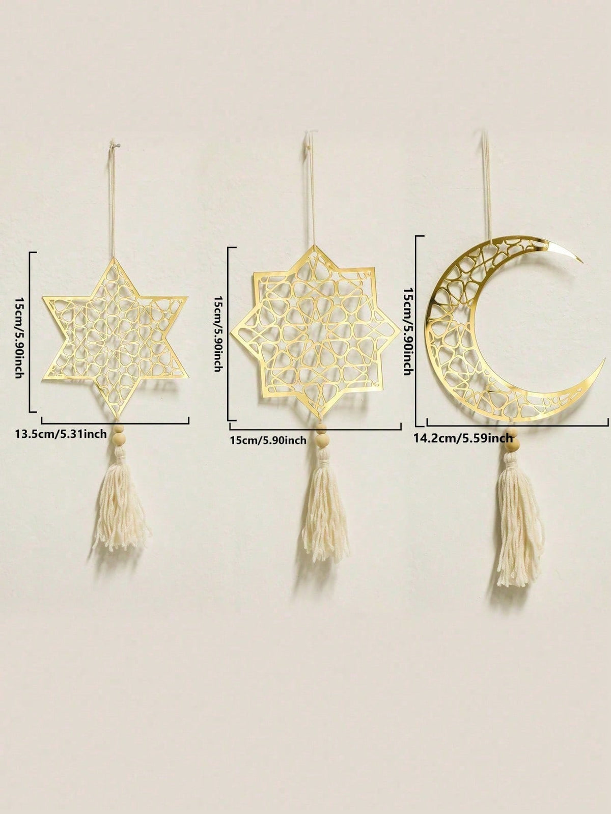 crescent moon and geometric star tassel hanging size and details, photo 23