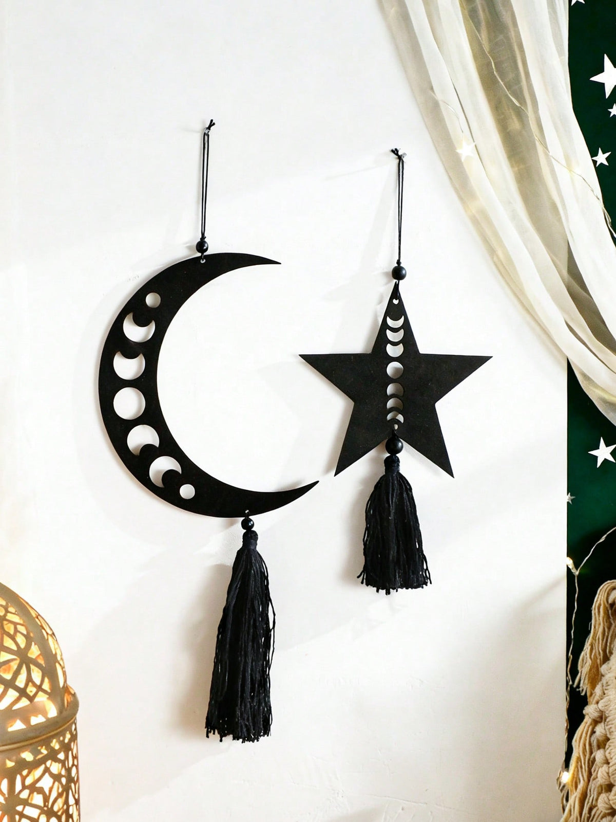 moon phase crescent and star tassel hanging size and details, photo 7