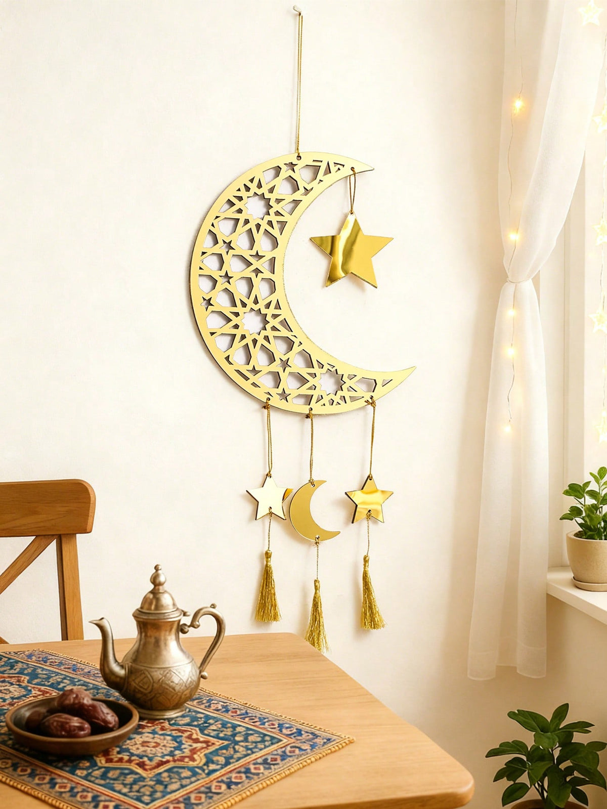 crescent moon star wall hanging with tassels styled in a room, photo 4