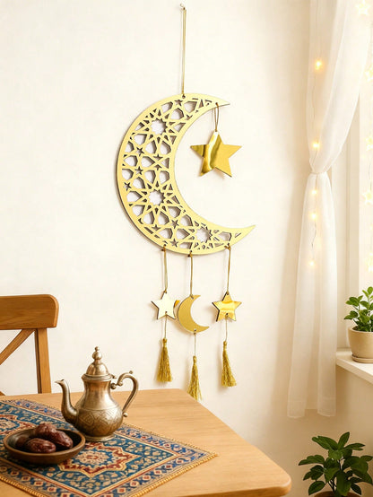 crescent moon star wall hanging with tassels styled in a room, photo 4