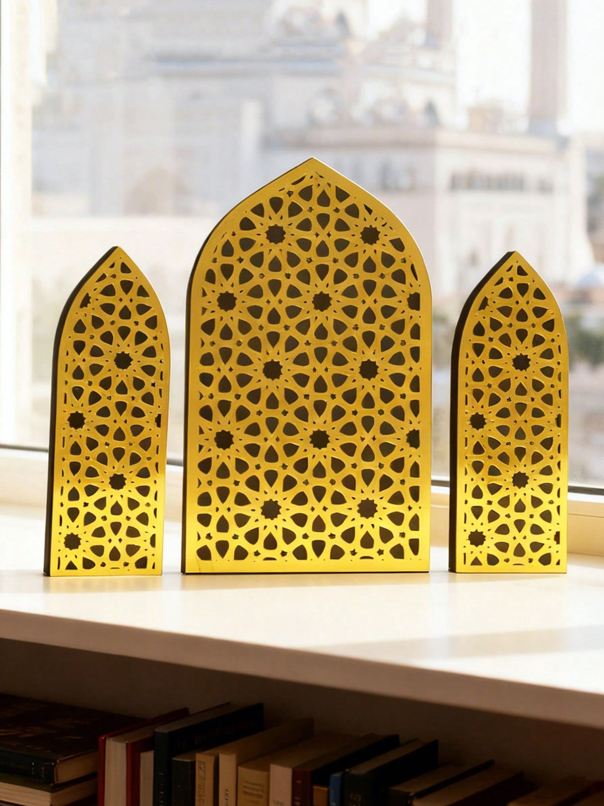 gold mashrabiya arch tabletop decor styled in a room, photo 5