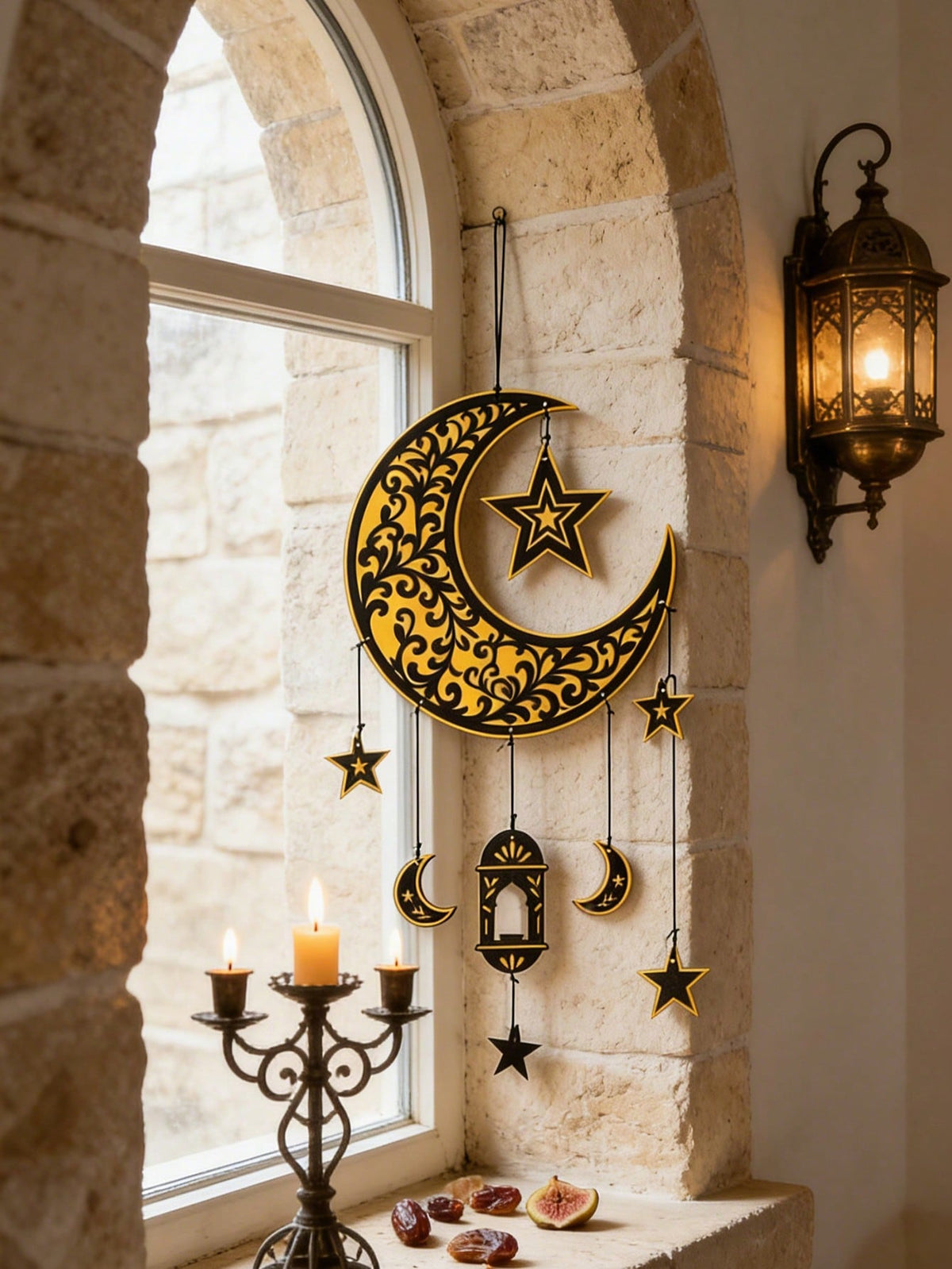 crescent moon lantern vine wall hanging styled in a room, photo 4