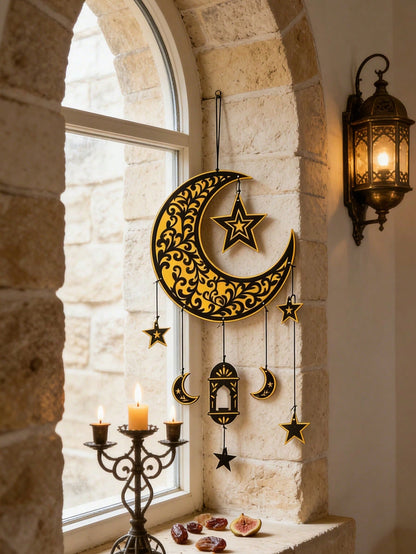 crescent moon lantern vine wall hanging styled in a room, photo 4