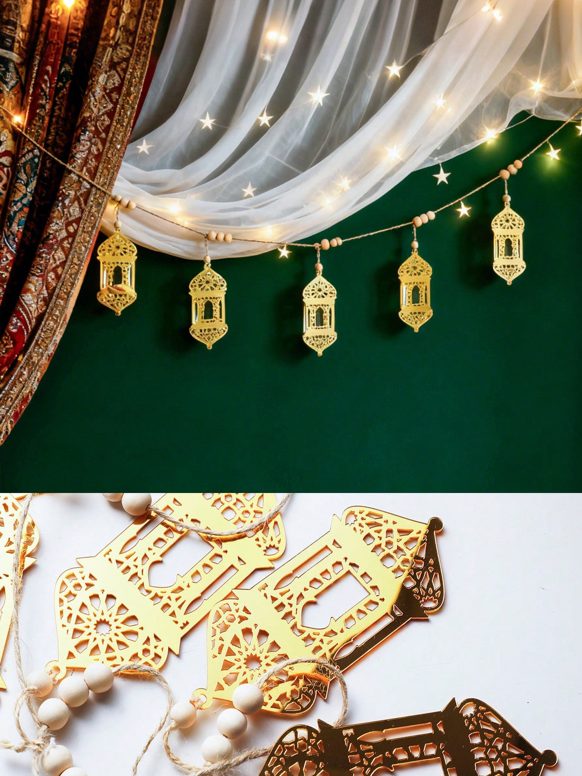 gold geometric lantern garland styled in a room, photo 5
