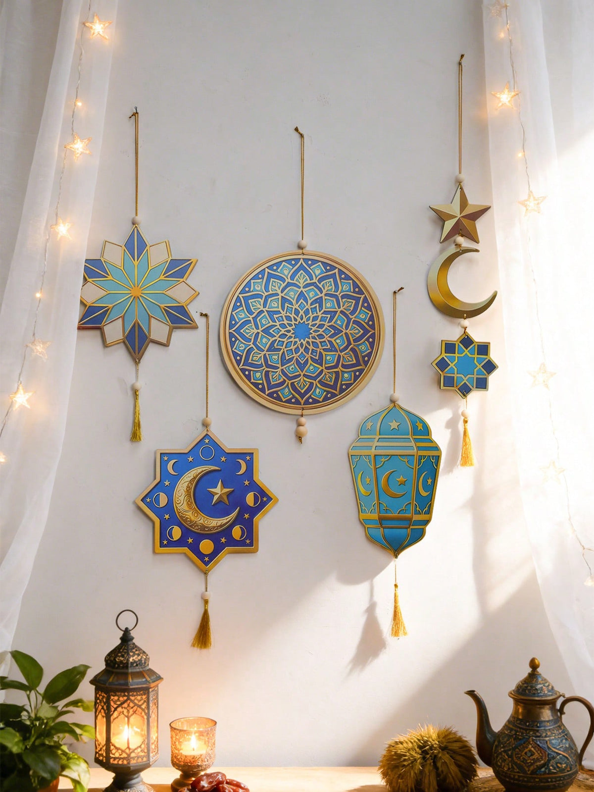 geometric star and crescent hanging ornaments styled in a room, photo 4