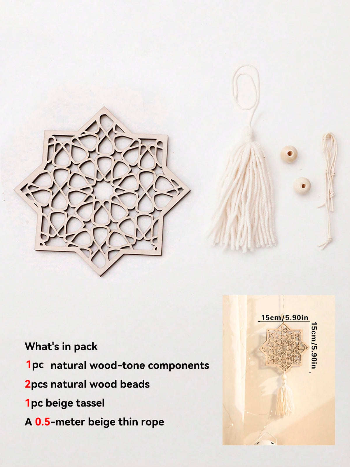 crescent moon and geometric star tassel hanging size and details, photo 17