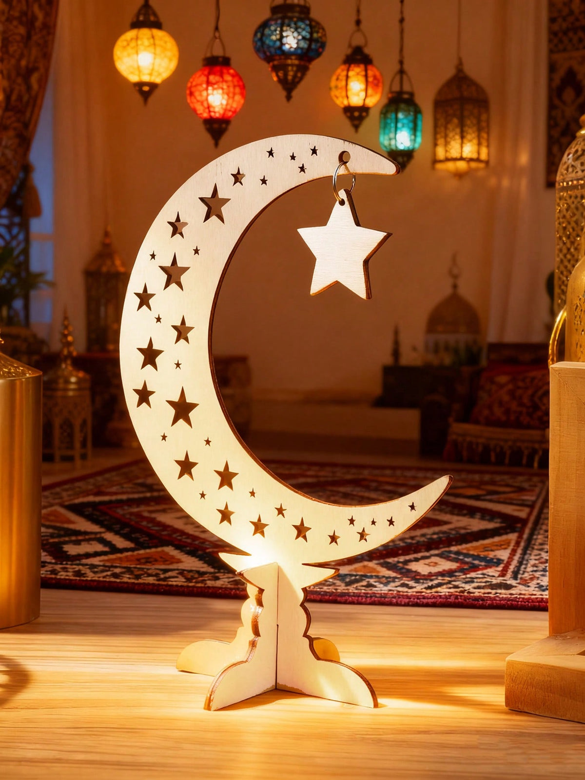 crescent moon tabletop decor with hanging star styled in a room, photo 5