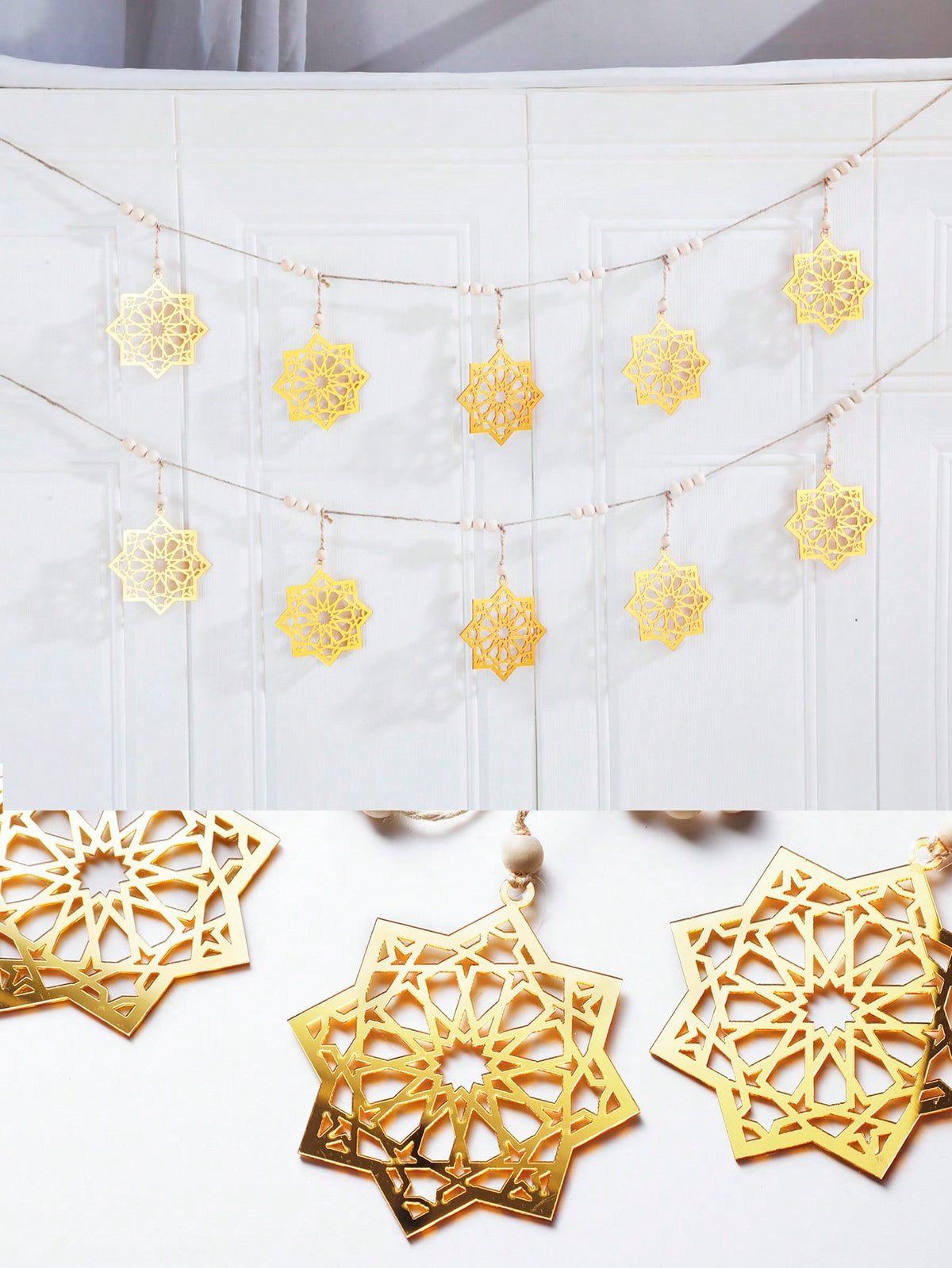 gold eight-point star garland size and details, photo 11