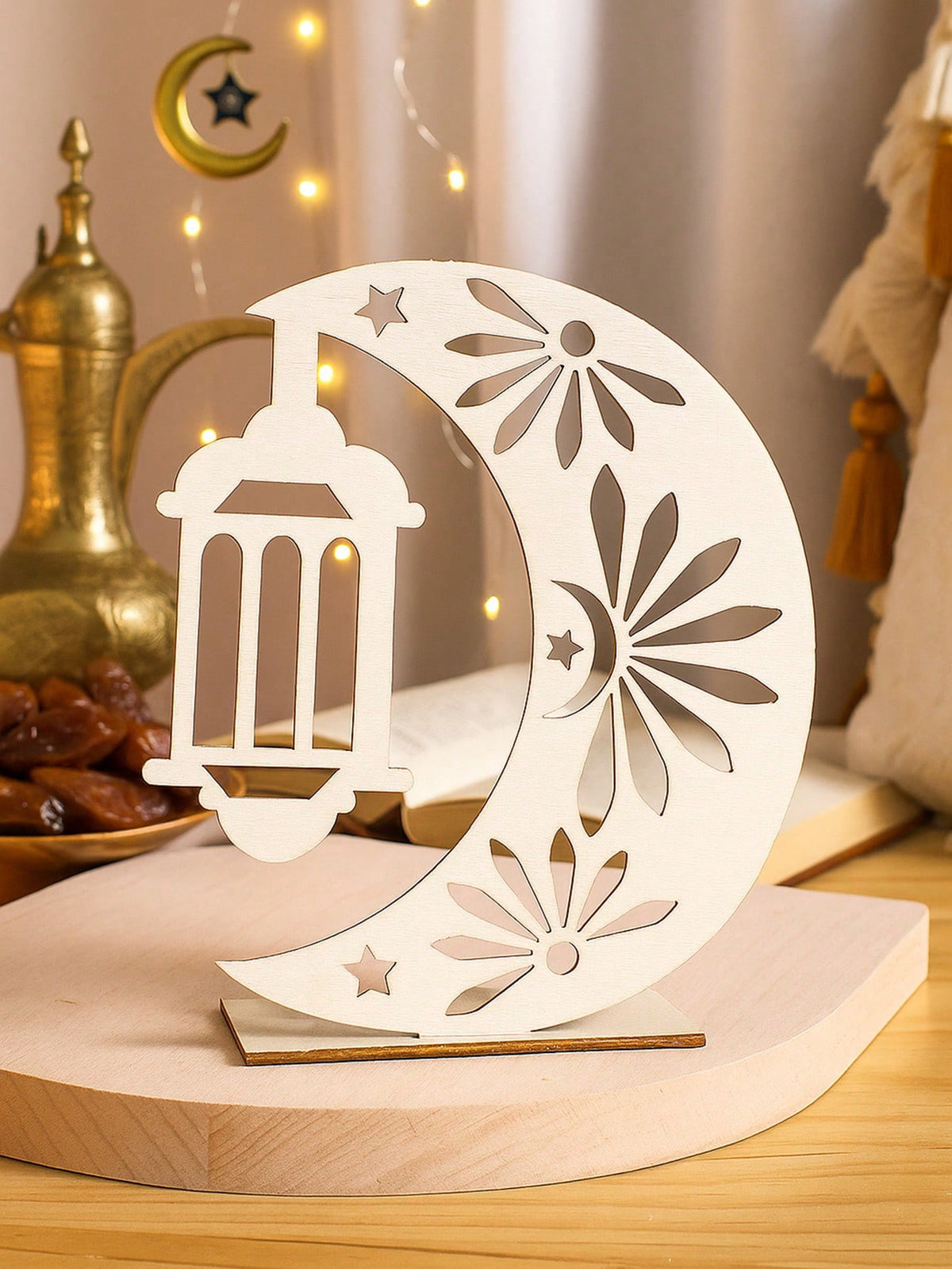 crescent moon and lantern tabletop decor styled in a room, photo 5