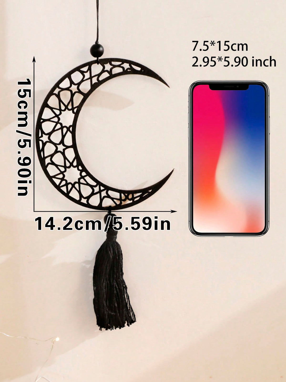 crescent moon and geometric star tassel hanging size and details, photo 21