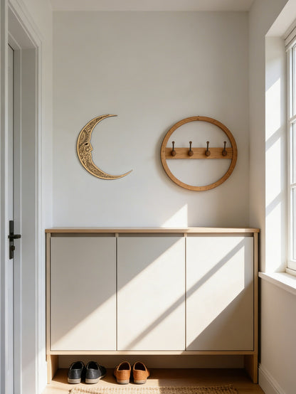 carved crescent moon door corner decor styled in a room, photo 5