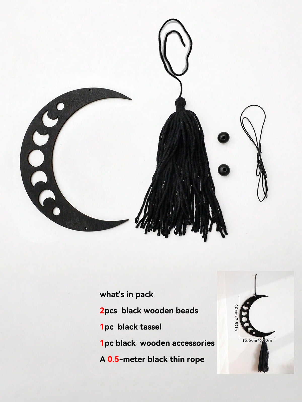 moon phase crescent and star tassel hanging size and details, photo 8