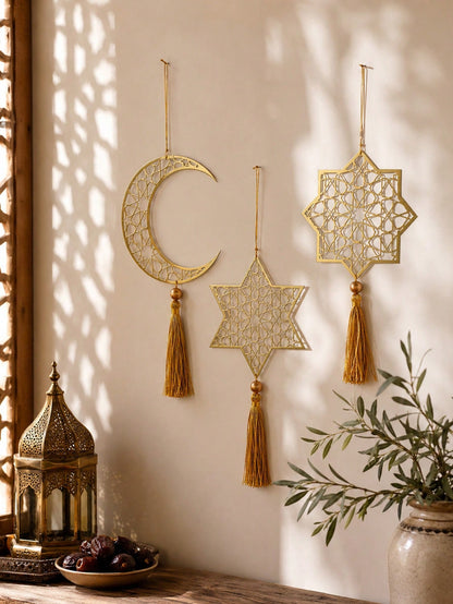 crescent moon and geometric star tassel hanging styled in a room, photo 15
