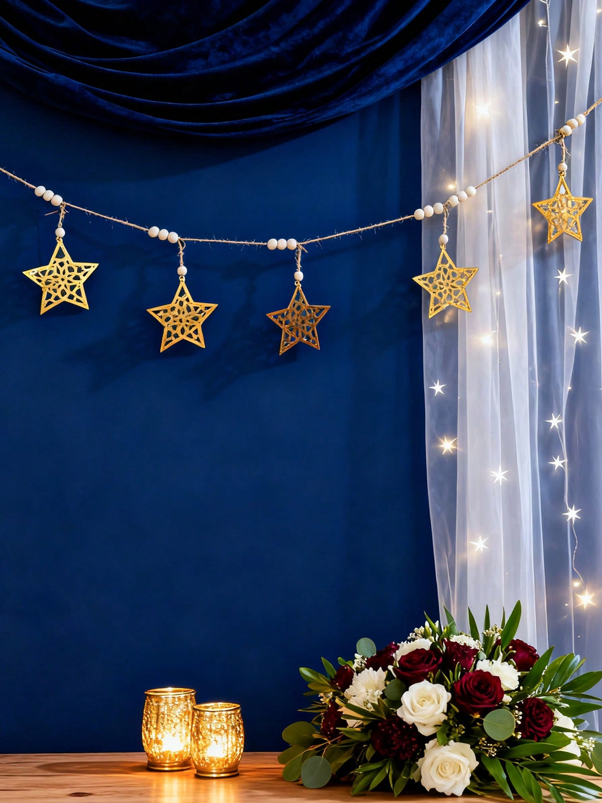 gold cutout star garland styled in a room, photo 5