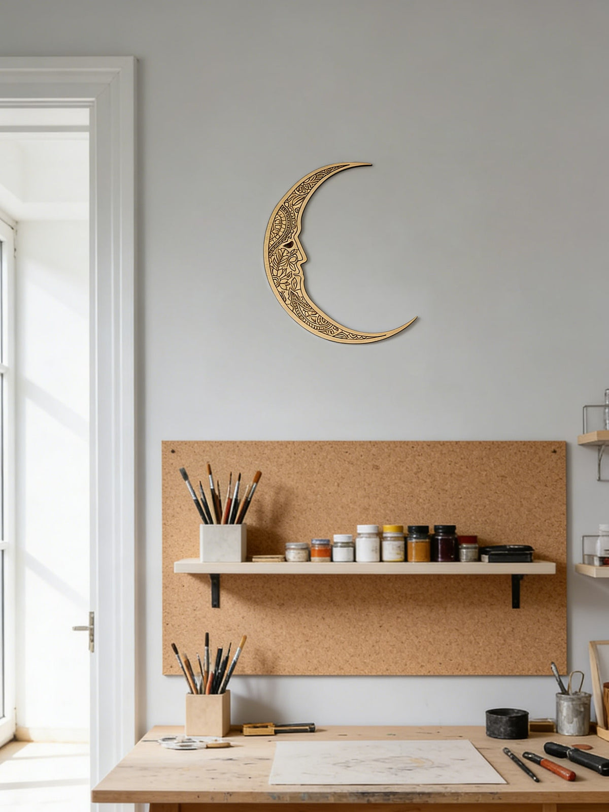 carved crescent moon door corner decor styled in a room, photo 6