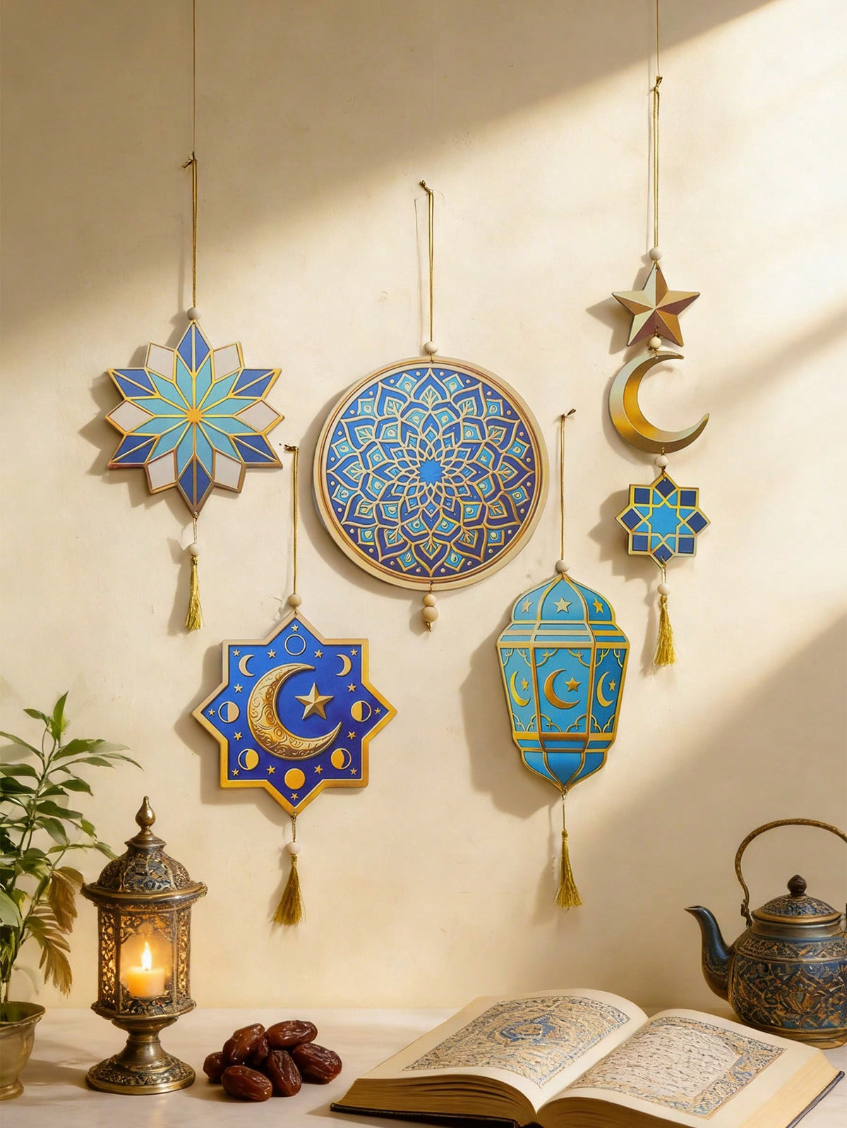 geometric star and crescent hanging ornaments styled in a room, photo 5