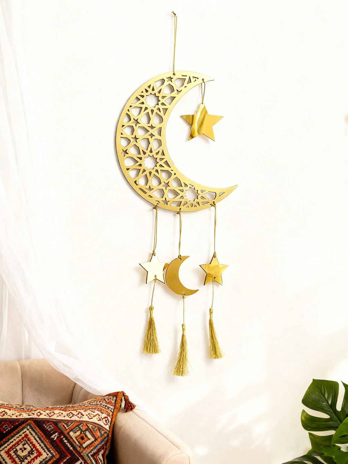 crescent moon star wall hanging with tassels styled in a room, photo 5