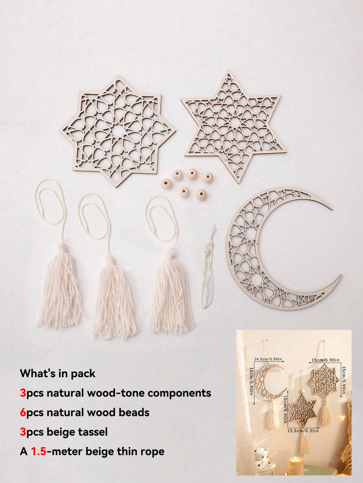 crescent moon and geometric star tassel hanging size and details, photo 18