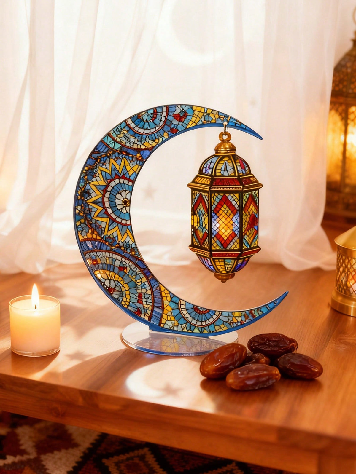 crescent moon and lantern acrylic tabletop decor styled in a room, photo 4