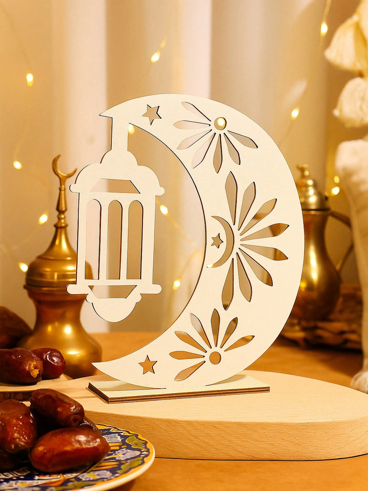 crescent moon and lantern tabletop decor styled in a room, photo 6