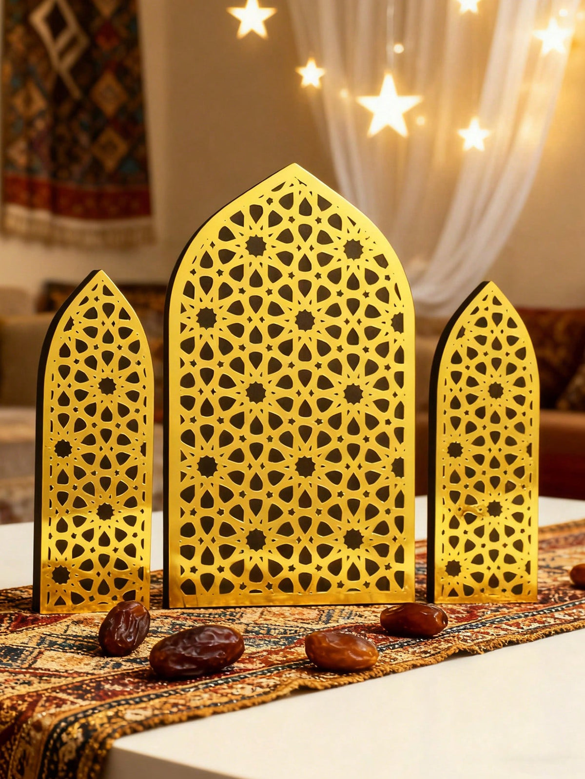 gold mashrabiya arch tabletop decor styled in a room, photo 6