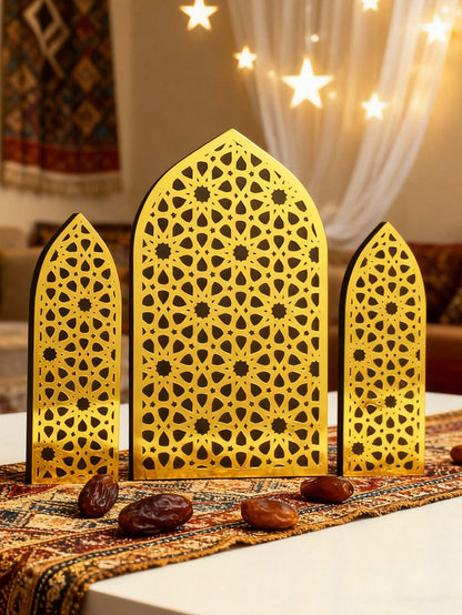 gold mashrabiya arch tabletop decor styled in a room, photo 6