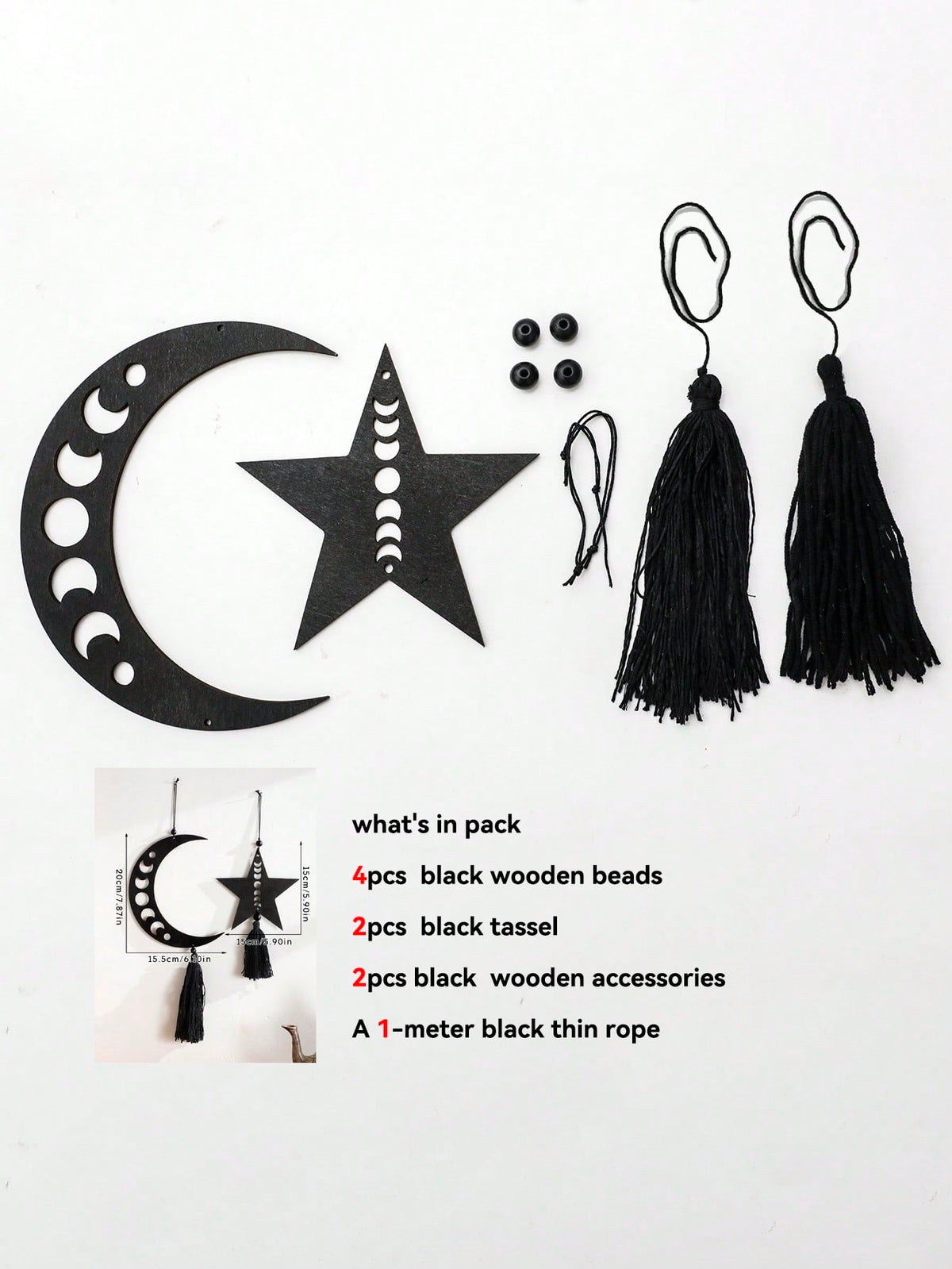 moon phase crescent and star tassel hanging size and details, photo 9