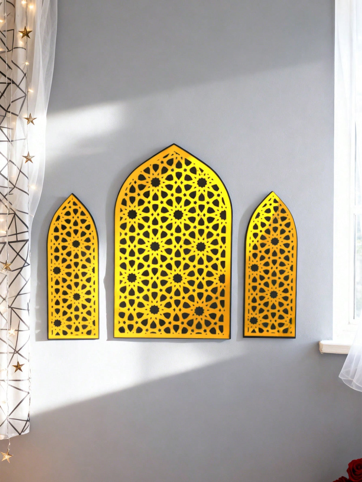 gold mashrabiya arch wall art styled in a room, photo 4