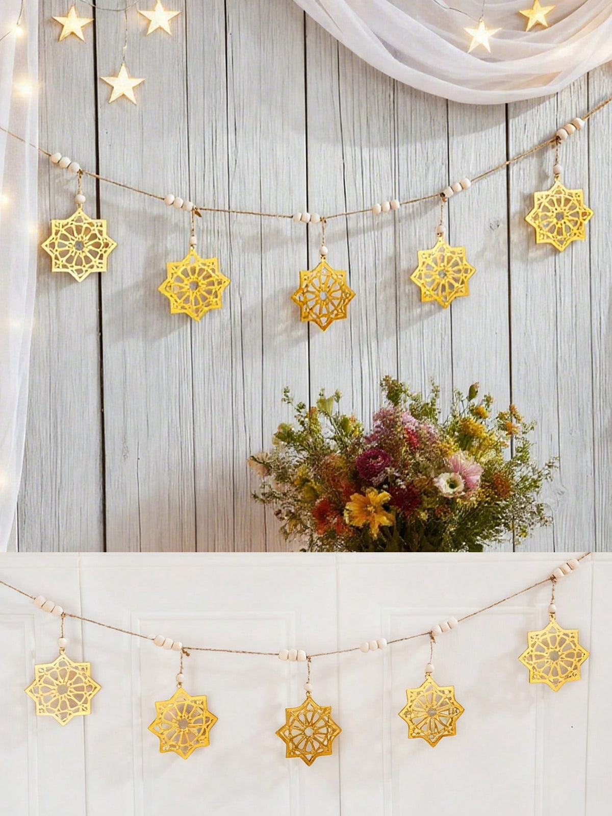 gold eight-point star garland styled in a room, photo 5