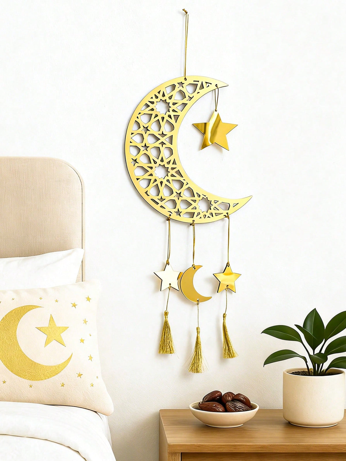 crescent moon star wall hanging with tassels styled in a room, photo 6
