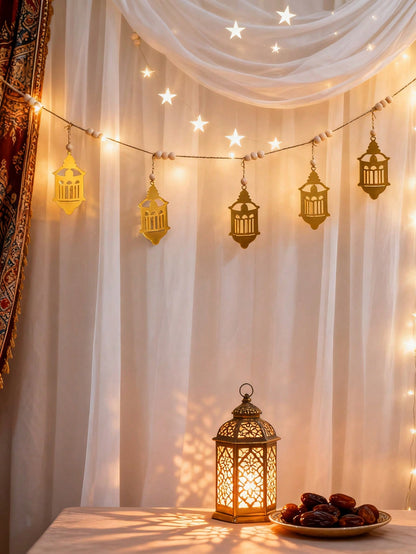 gold filigree lantern garland styled in a room, photo 5