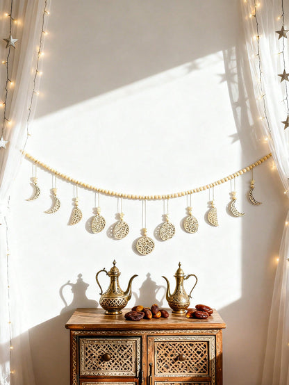 beaded filigree crescent moon garland styled in a room, photo 5