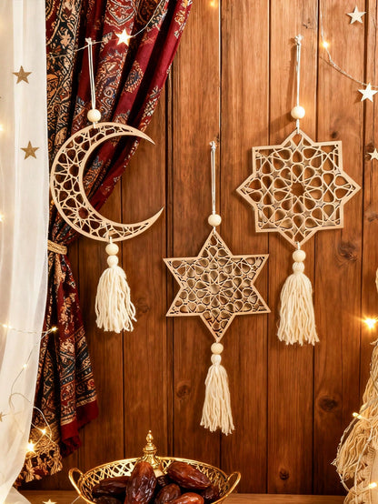 crescent moon and geometric star tassel hanging styled in a room, photo 5