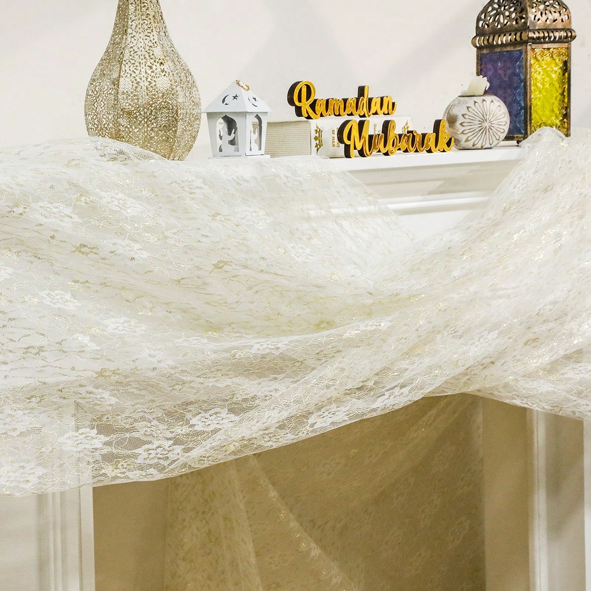 floral lace sheer table runner styled in a room, photo 7