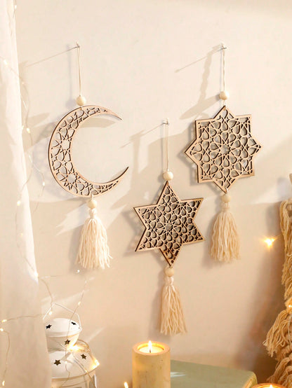 crescent moon and geometric star tassel hanging styled in a room, photo 6