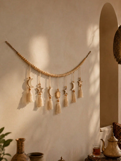 crescent moon sun and star tassel garland styled in a room, photo 7