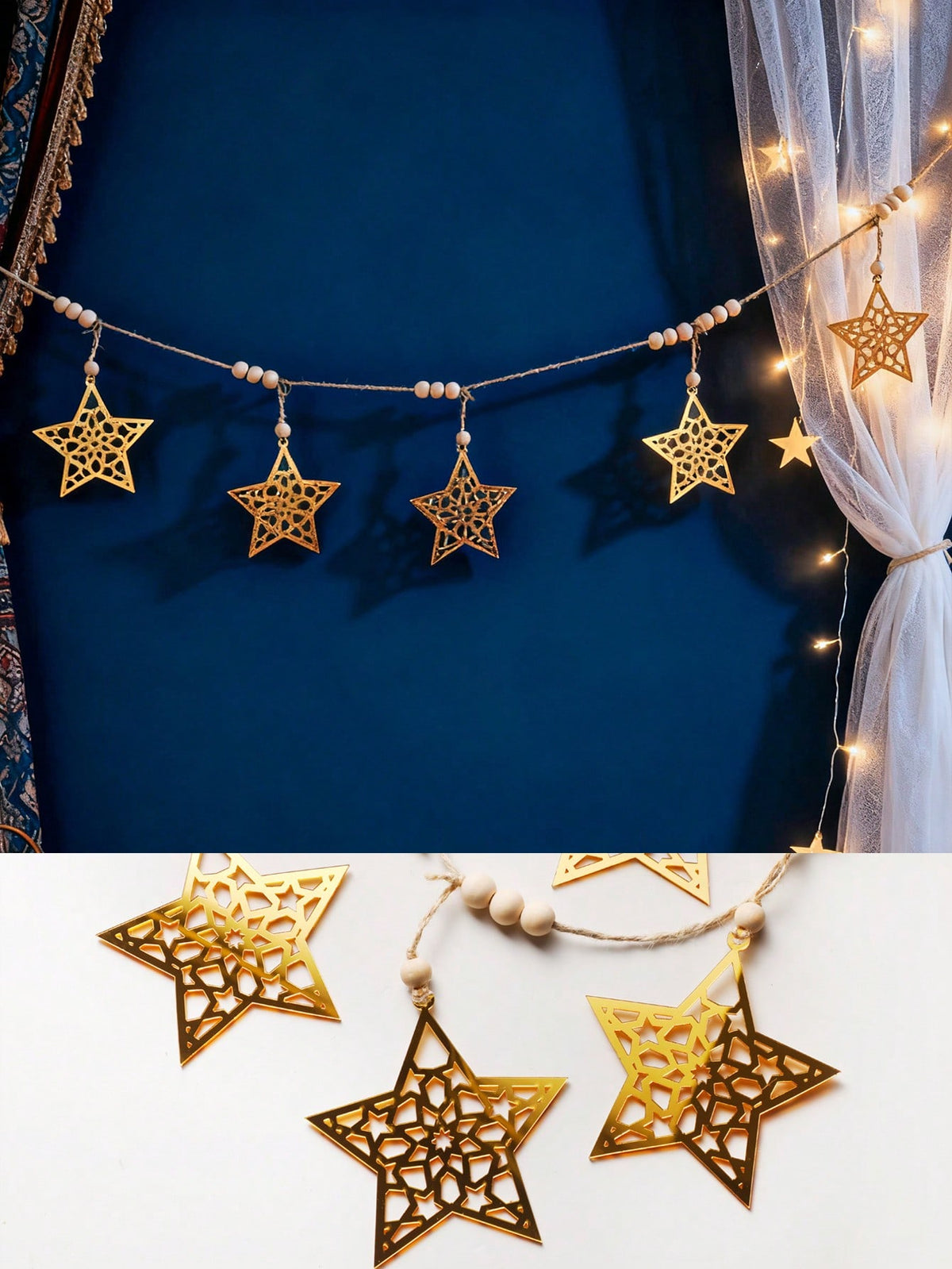 gold cutout star garland styled in a room, photo 7