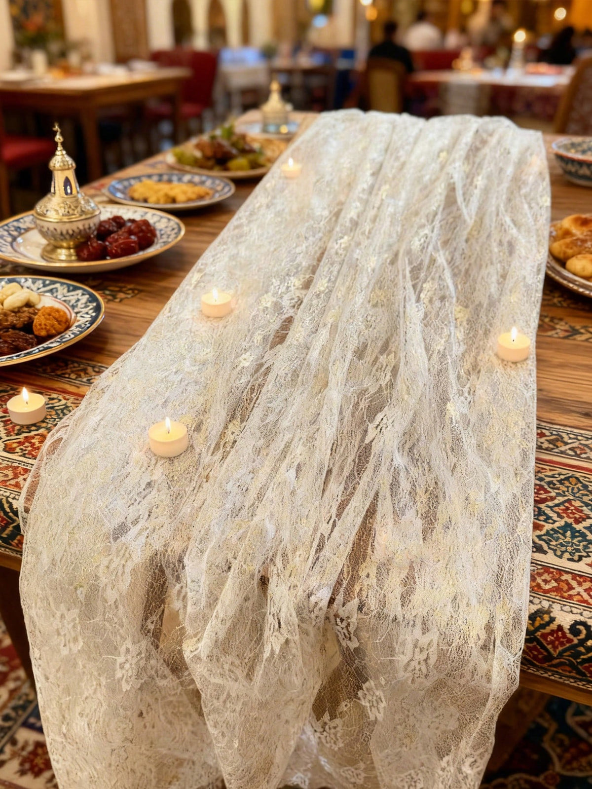 floral lace sheer table runner styled in a room, photo 8