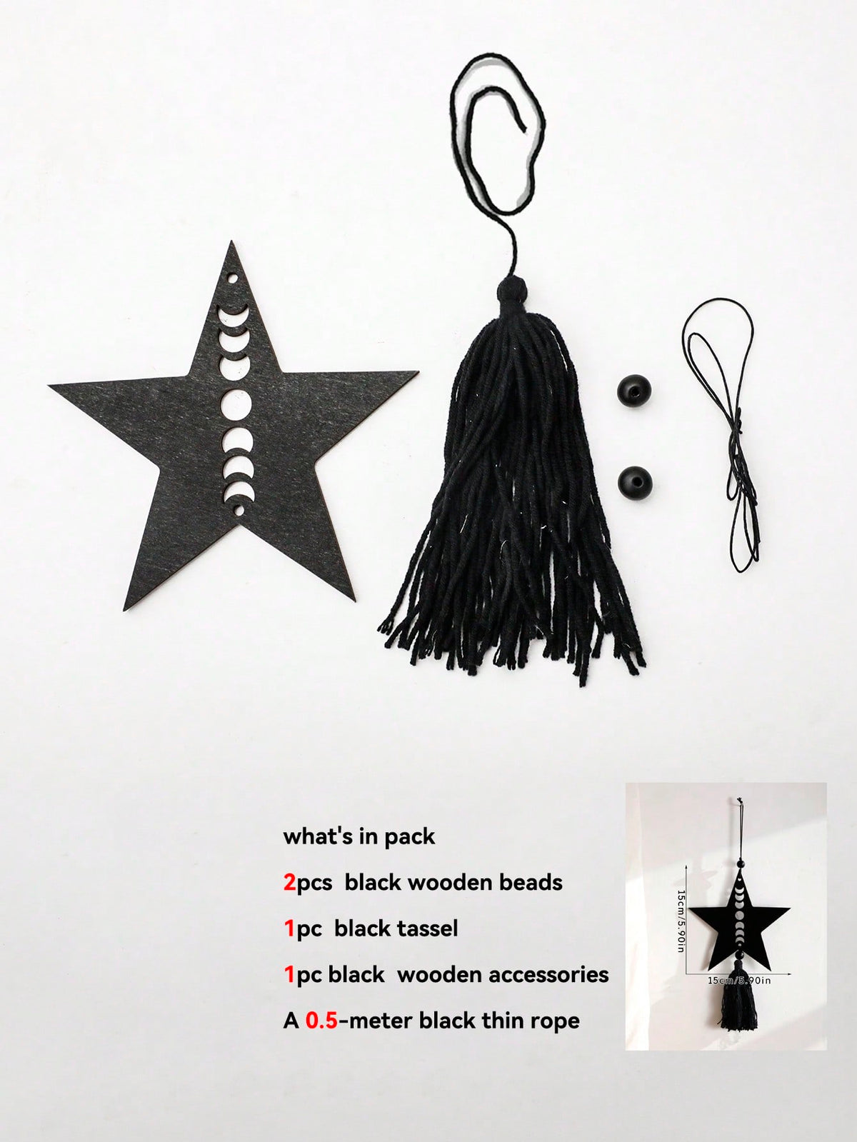 moon phase crescent and star tassel hanging size and details, photo 10