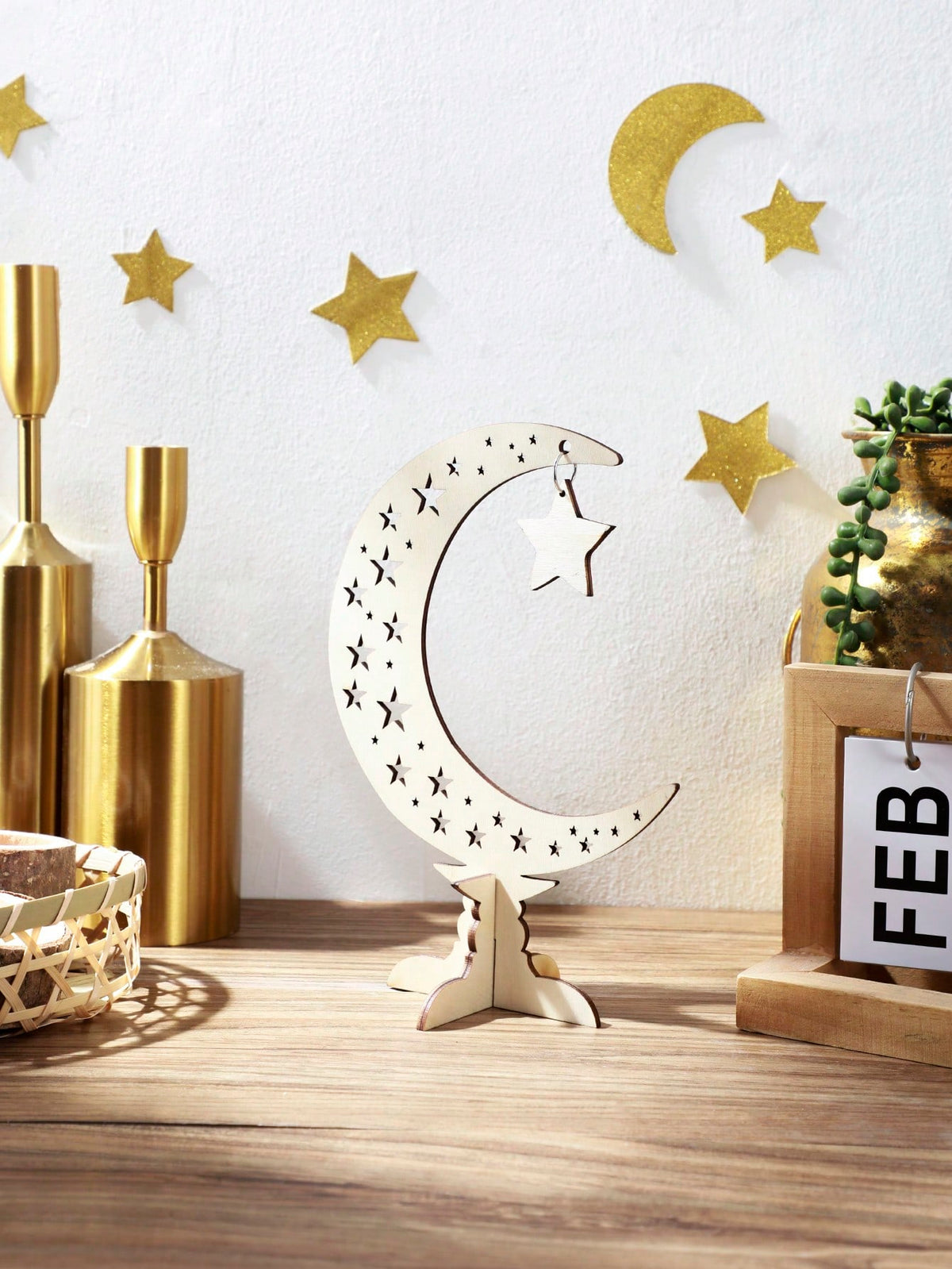crescent moon tabletop decor with hanging star styled in a room, photo 7