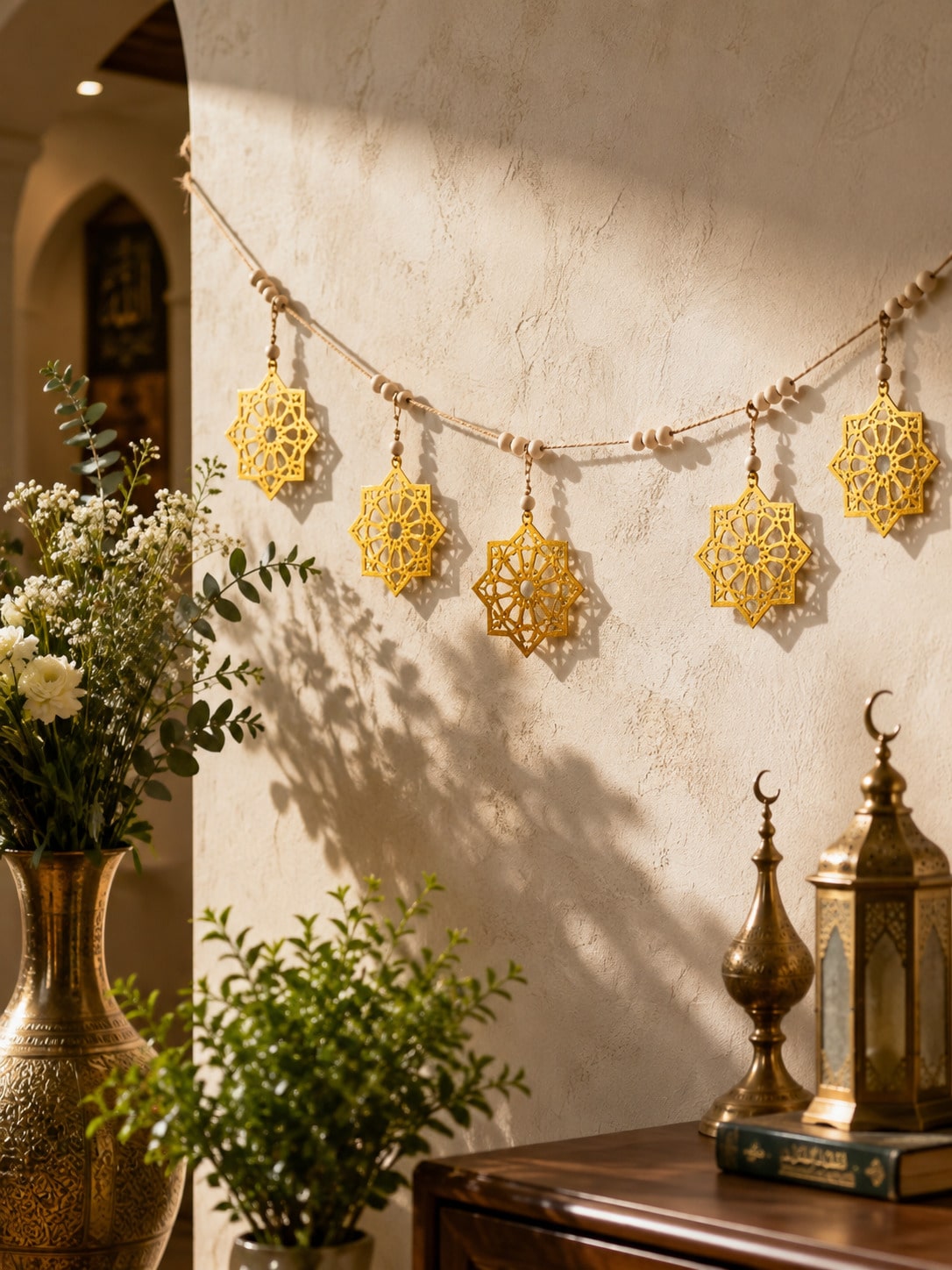 gold eight-point star garland styled in a room, photo 6
