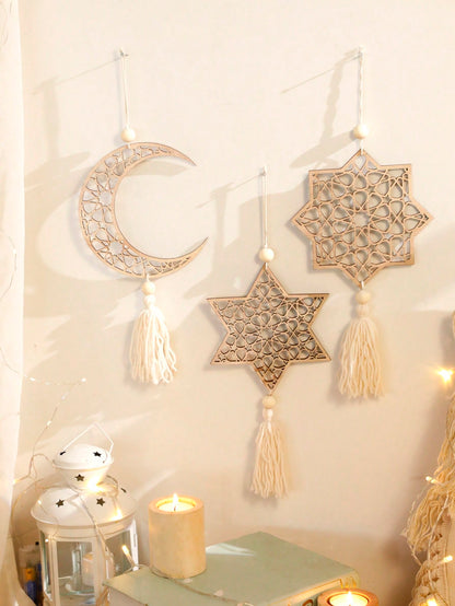 crescent moon and geometric star tassel hanging styled in a room, photo 7